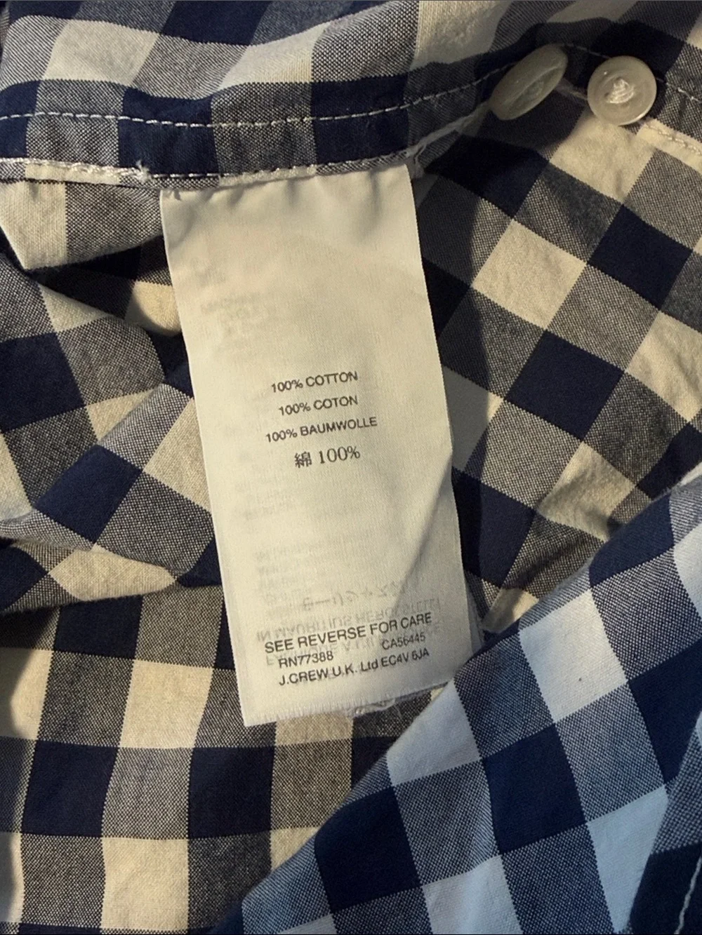 J. Crew Classic Fit Navy and White Gingham Button-Down Long Sleeve Shirt in S